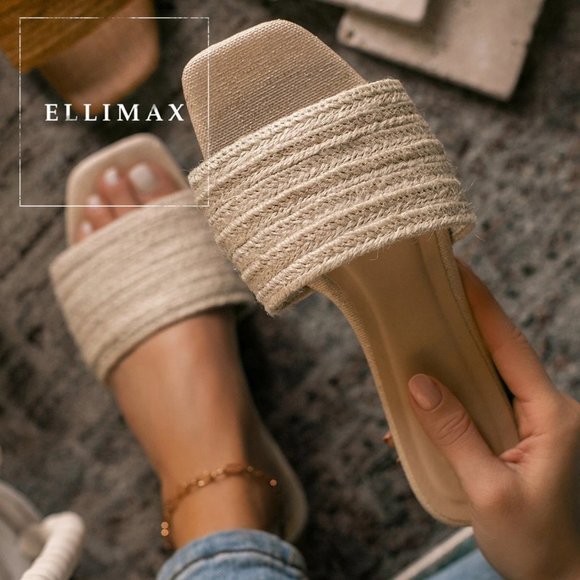 BAMBOO Shoes - NEW🔥 Natural Woven Jute Raffia Slides Flat Sandal Flip Flops Square Open Toe